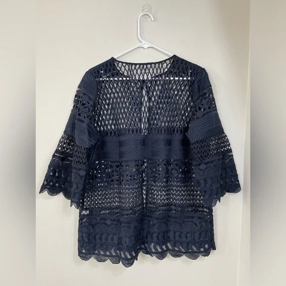 Chic Navy Lace Travelers Collection Crochet Jacket Career Events Classic Size 2